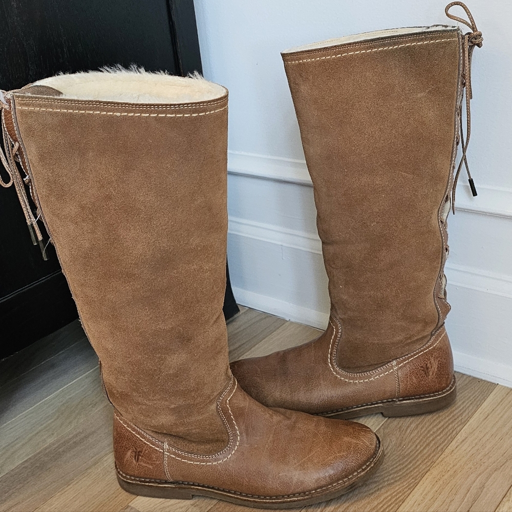 Frye Women's Shearling Celia Fawn Plush Shearling, Back Lace Up Slip On